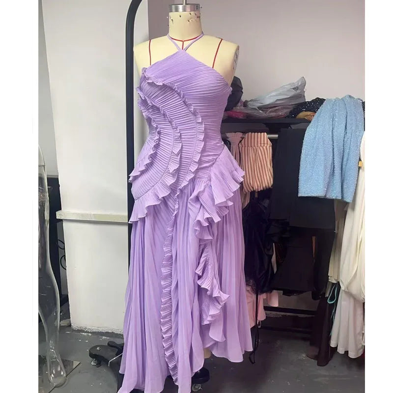 Vestido largo elegante con borde de loto, vestido ajustado con espalda descubierta y cordones, batas con cuello Halter, Vestidos de fiesta sin mangas, Vestidos de vacaciones para mujer 2025 Nw