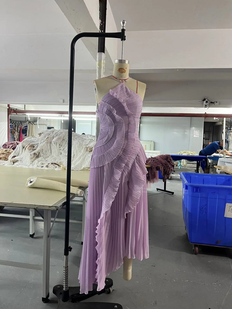 Vestido largo elegante con borde de loto, vestido ajustado con espalda descubierta y cordones, batas con cuello Halter, Vestidos de fiesta sin mangas, Vestidos de vacaciones para mujer 2025 Nw