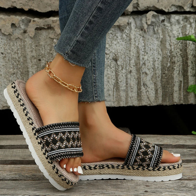 Zapatillas tejidas para mujer, zapatos de plataforma de verano para mujer, Sandalias de tacón informales para playa, alpargatas bohemias hechas a mano para mujer 2023
