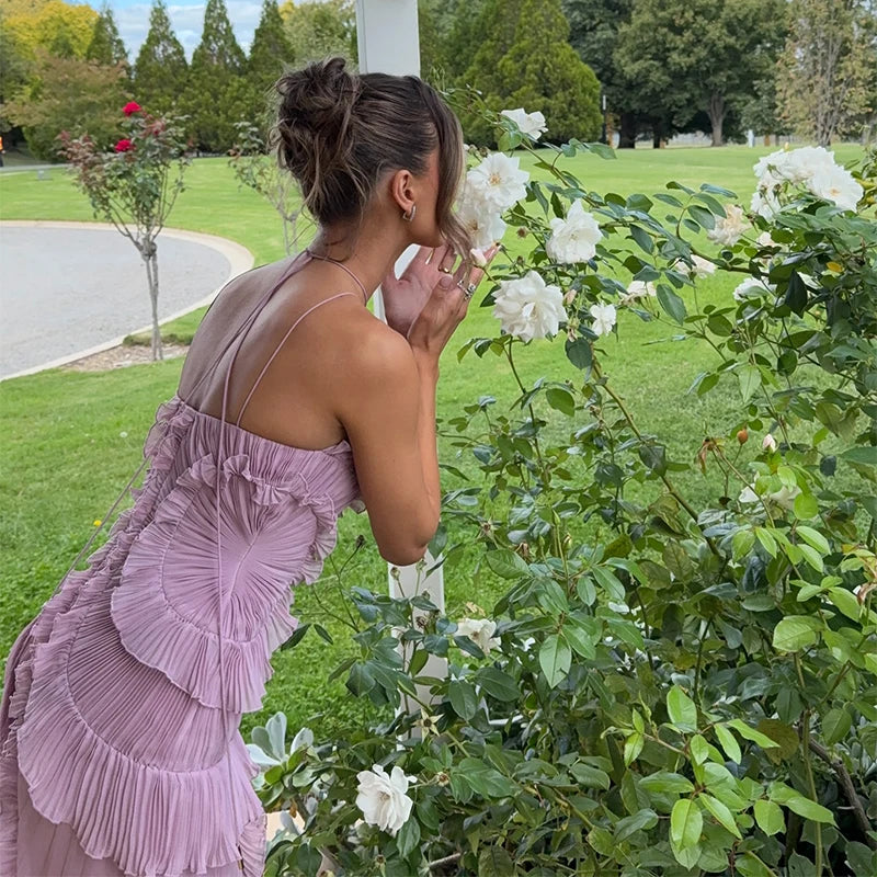 Vestido largo elegante con borde de loto, vestido ajustado con espalda descubierta y cordones, batas con cuello Halter, Vestidos de fiesta sin mangas, Vestidos de vacaciones para mujer 2025 Nw
