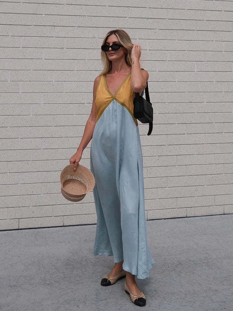 Vestido largo de retazos con cuello en V para mujer, vestido informal sin mangas holgado con tirantes, Vestidos largos de verano para mujer, bata de fiesta para vacaciones