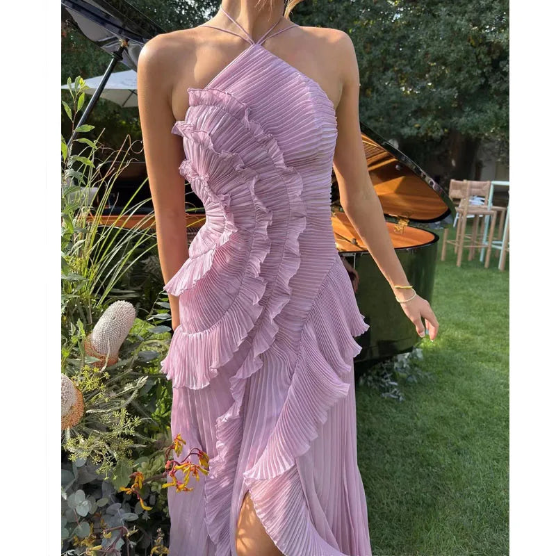 Vestido largo elegante con borde de loto, vestido ajustado con espalda descubierta y cordones, batas con cuello Halter, Vestidos de fiesta sin mangas, Vestidos de vacaciones para mujer 2025 Nw