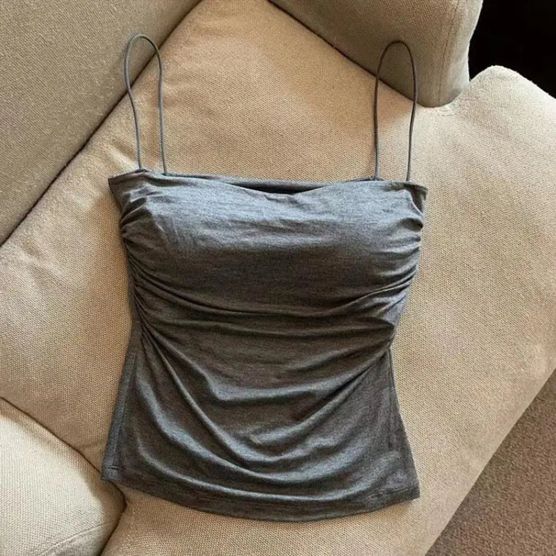 Camisolas de verano, camisetas sin mangas para mujer con sujetador incorporado, camisetas sin mangas con tirantes finos, Top corto, Top informal de Color sólido