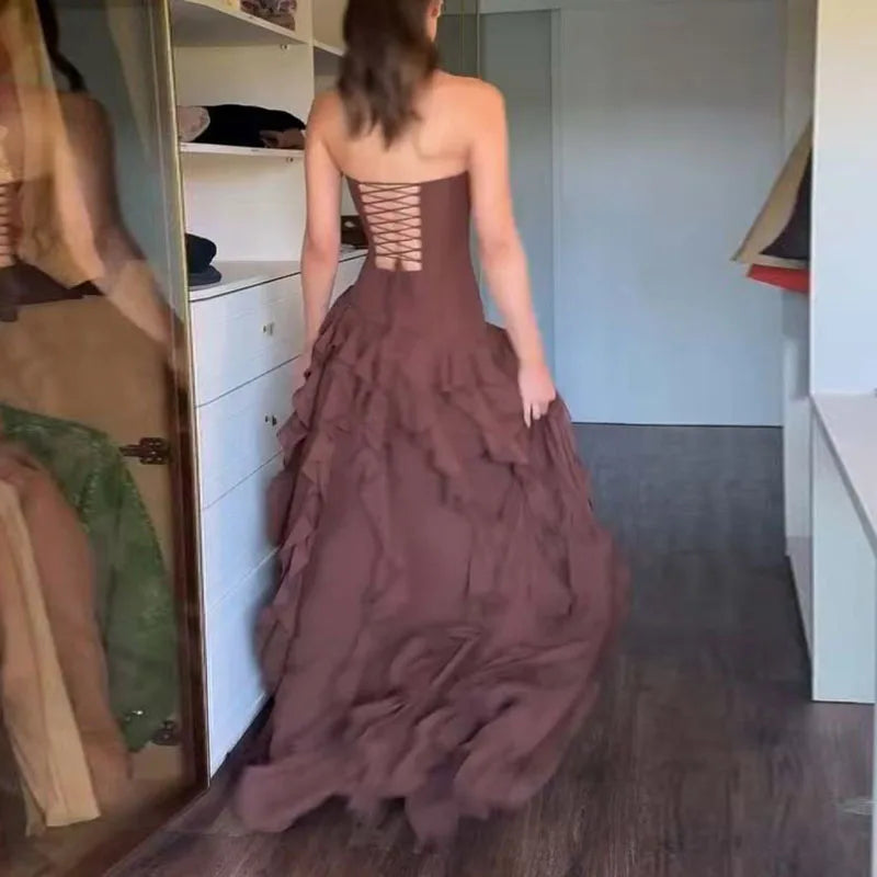 Vestidos elegantes con volantes y abertura para mujer, Vestidos sexys sin tirantes, ajustados, largos, sin mangas, con espalda descubierta, Maxi vestido hueco