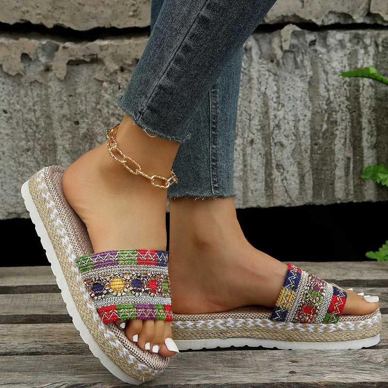 Zapatillas tejidas para mujer, zapatos de plataforma de verano para mujer, Sandalias de tacón informales para playa, alpargatas bohemias hechas a mano para mujer 2023