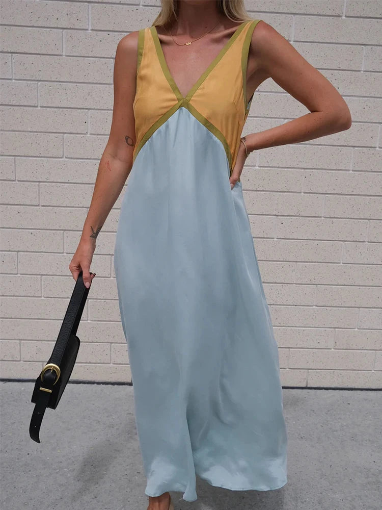 Vestido largo de retazos con cuello en V para mujer, vestido informal sin mangas holgado con tirantes, Vestidos largos de verano para mujer, bata de fiesta para vacaciones