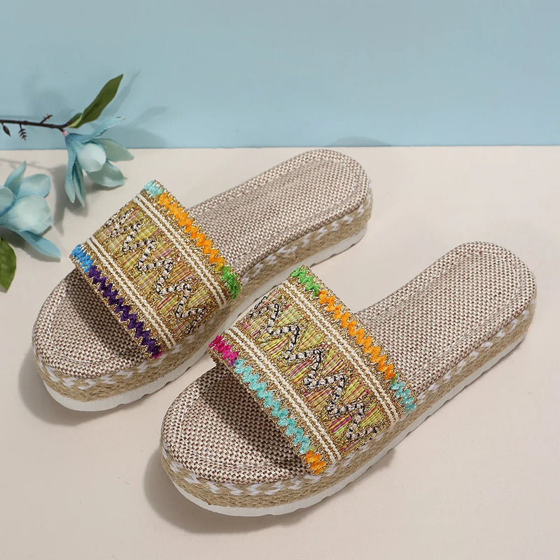Zapatillas tejidas para mujer, zapatos de plataforma de verano para mujer, Sandalias de tacón informales para playa, alpargatas bohemias hechas a mano para mujer 2023