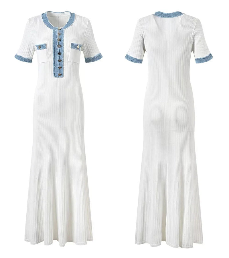 Vestido largo de punto elegante y contrastante para mujer, vestido elegante con cuello redondo y manga corta con botones de Metal, vestidos ajustados para oficina, bata para ir al trabajo