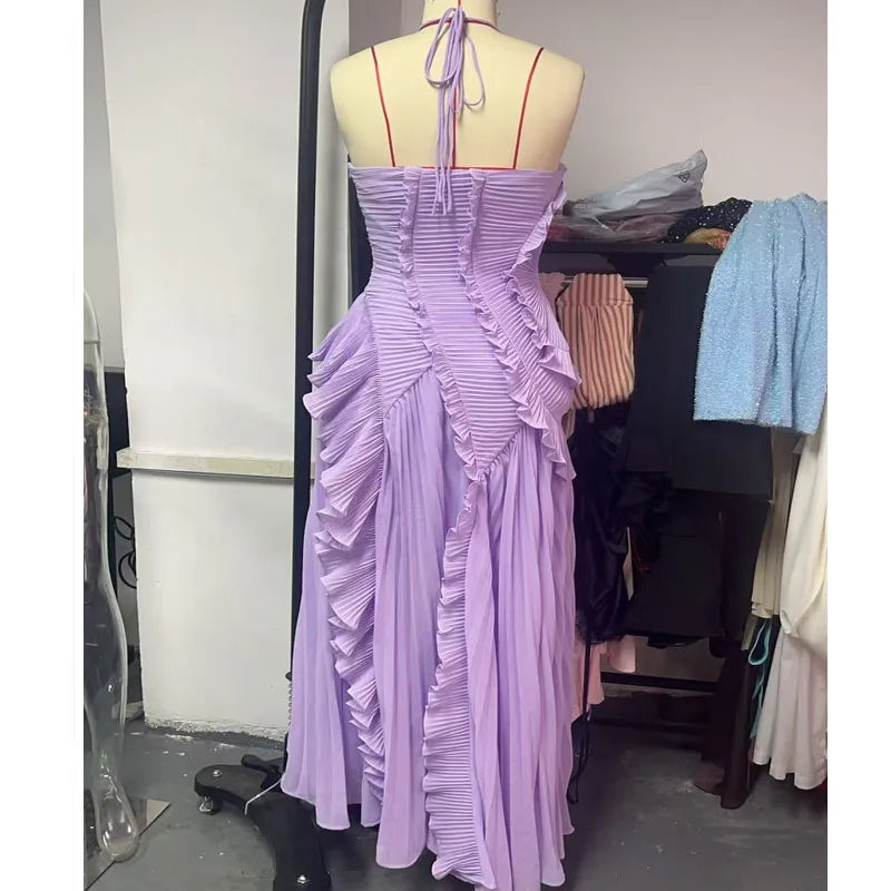 Vestido largo elegante con borde de loto, vestido ajustado con espalda descubierta y cordones, batas con cuello Halter, Vestidos de fiesta sin mangas, Vestidos de vacaciones para mujer 2025 Nw