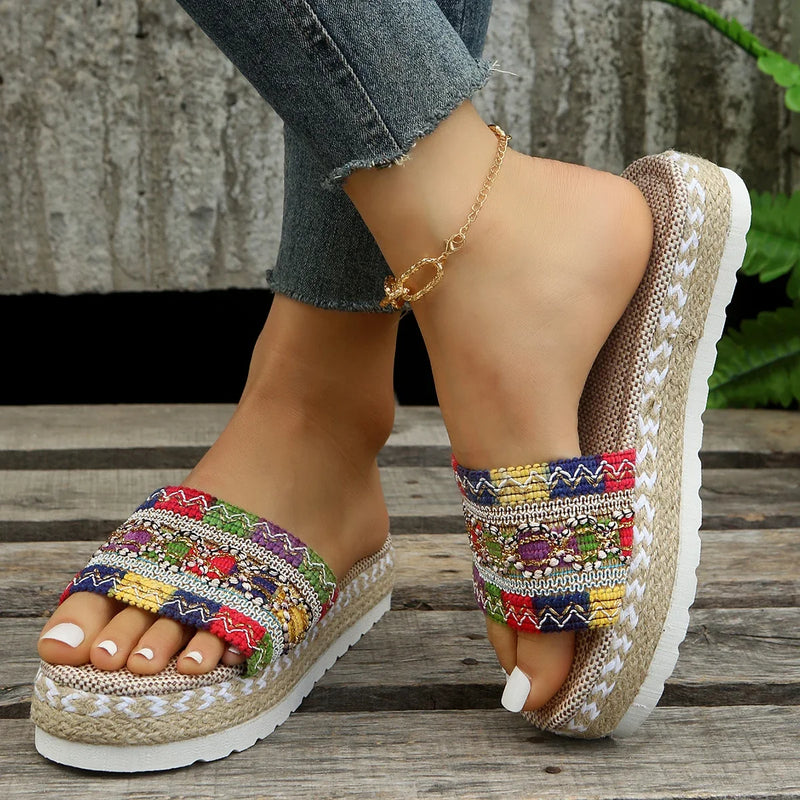 Zapatillas tejidas para mujer, zapatos de plataforma de verano para mujer, Sandalias de tacón informales para playa, alpargatas bohemias hechas a mano para mujer 2023