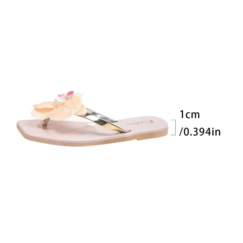 Nuevas chanclas, zapatillas para mujer, Sandalias planas con punta cuadrada de verano 2025, zapatillas informales para exteriores, zapatos de flores a la moda para mujer