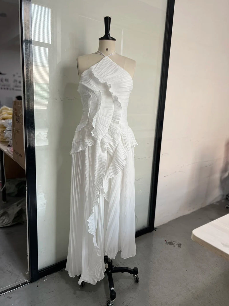 Vestido largo elegante con borde de loto, vestido ajustado con espalda descubierta y cordones, batas con cuello Halter, Vestidos de fiesta sin mangas, Vestidos de vacaciones para mujer 2025 Nw