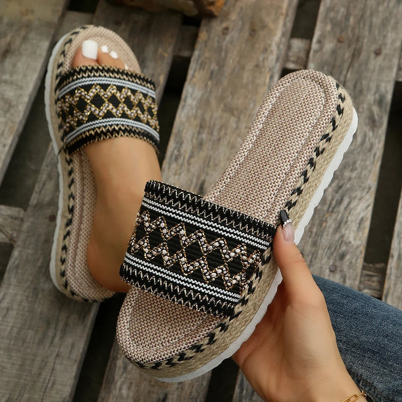 Zapatillas tejidas para mujer, zapatos de plataforma de verano para mujer, Sandalias de tacón informales para playa, alpargatas bohemias hechas a mano para mujer 2023