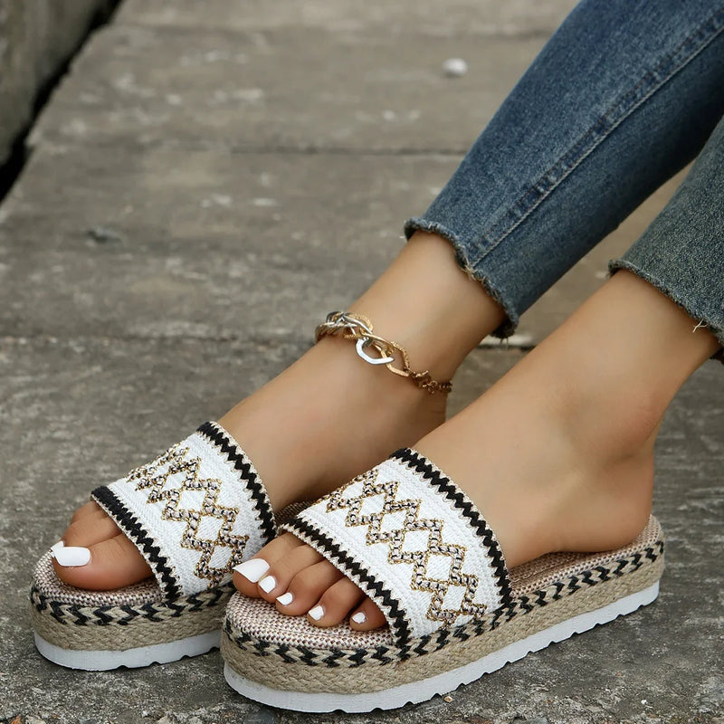 Zapatillas tejidas para mujer, zapatos de plataforma de verano para mujer, Sandalias de tacón informales para playa, alpargatas bohemias hechas a mano para mujer 2023