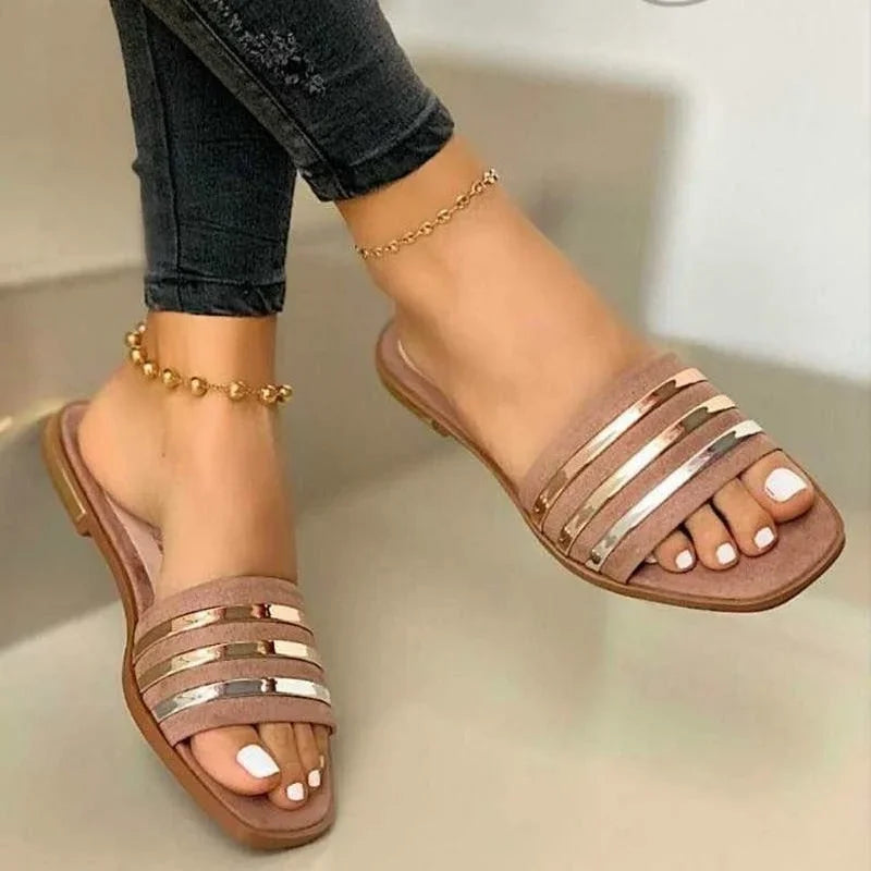 2023 nuevos zapatos para Mujer, Zapatillas básicas para Mujer, Zapatillas De verano para exteriores, Sandalias planas doradas ostentosas para Mujer, Zapatillas De Mujer