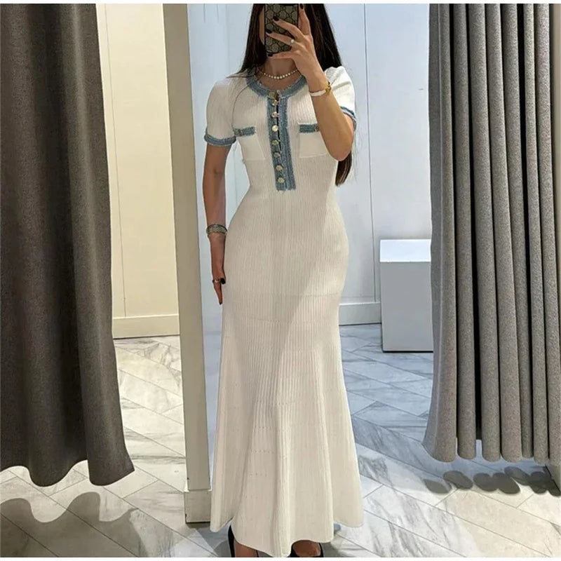 Vestido largo de punto elegante y contrastante para mujer, vestido elegante con cuello redondo y manga corta con botones de Metal, vestidos ajustados para oficina, bata para ir al trabajo