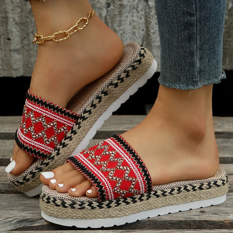 Zapatillas tejidas para mujer, zapatos de plataforma de verano para mujer, Sandalias de tacón informales para playa, alpargatas bohemias hechas a mano para mujer 2023