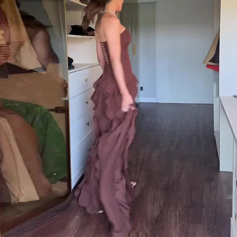 Vestidos elegantes con volantes y abertura para mujer, Vestidos sexys sin tirantes, ajustados, largos, sin mangas, con espalda descubierta, Maxi vestido hueco
