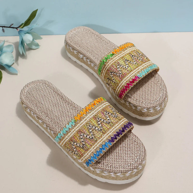 Zapatillas tejidas para mujer, zapatos de plataforma de verano para mujer, Sandalias de tacón informales para playa, alpargatas bohemias hechas a mano para mujer 2023