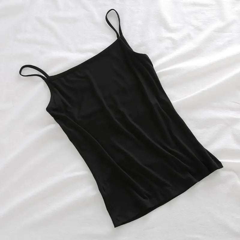 Camisolas de verano, camisetas sin mangas para mujer con sujetador incorporado, camisetas sin mangas con tirantes finos, Top corto, Top informal de Color sólido