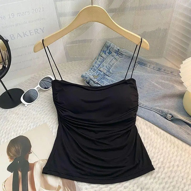 Camisolas de verano, camisetas sin mangas para mujer con sujetador incorporado, camisetas sin mangas con tirantes finos, Top corto, Top informal de Color sólido