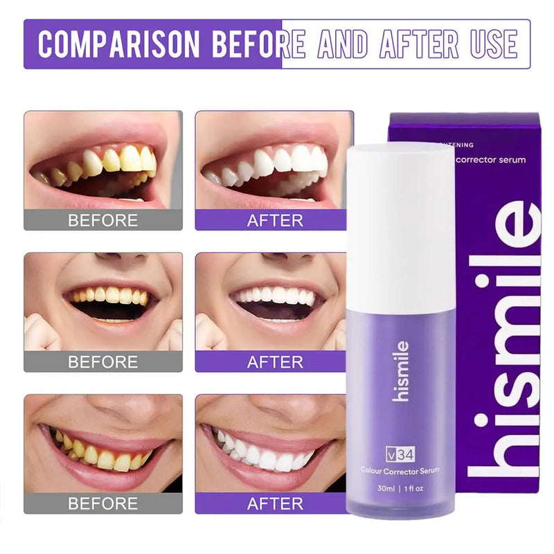 30ml V34 Hismile pasta de dientes púrpura elimina el sarro limpieza higiene bucal aliento fresco blanqueamiento productos para el cuidado de los dientes