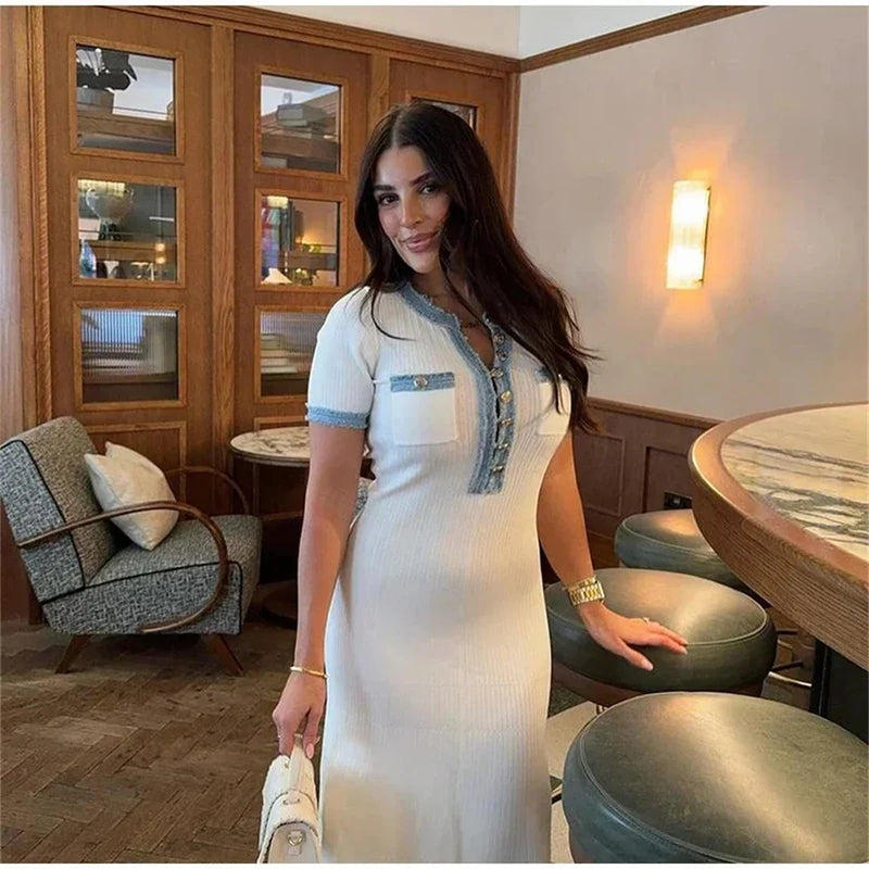 Vestido largo de punto elegante y contrastante para mujer, vestido elegante con cuello redondo y manga corta con botones de Metal, vestidos ajustados para oficina, bata para ir al trabajo