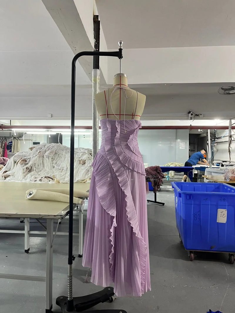 Vestido largo elegante con borde de loto, vestido ajustado con espalda descubierta y cordones, batas con cuello Halter, Vestidos de fiesta sin mangas, Vestidos de vacaciones para mujer 2025 Nw