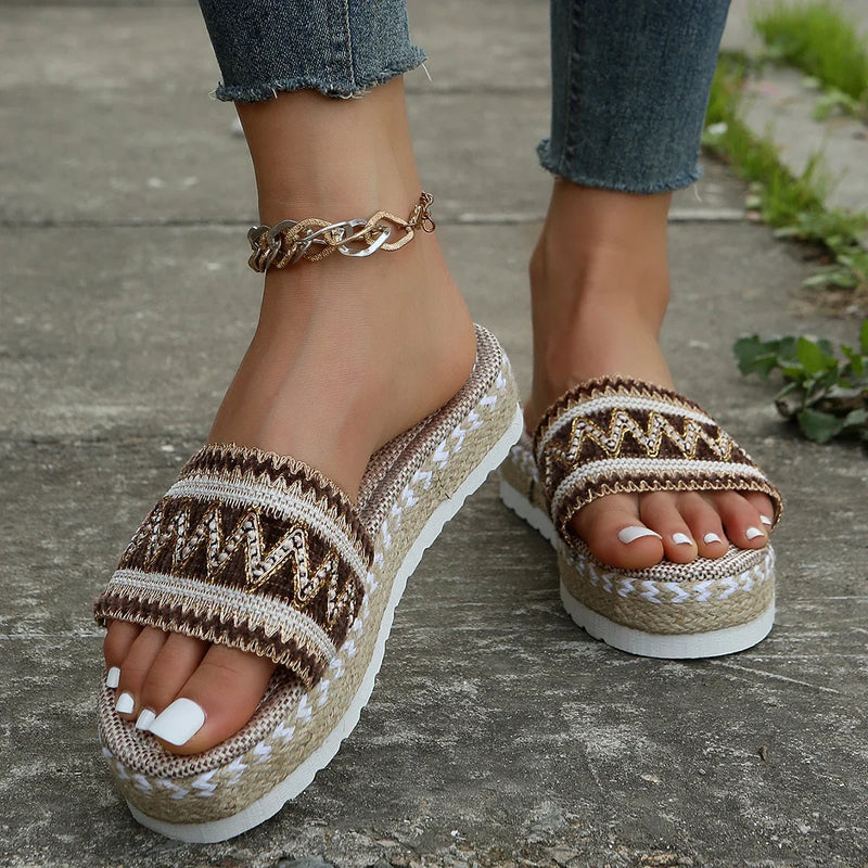 Zapatillas tejidas para mujer, zapatos de plataforma de verano para mujer, Sandalias de tacón informales para playa, alpargatas bohemias hechas a mano para mujer 2023