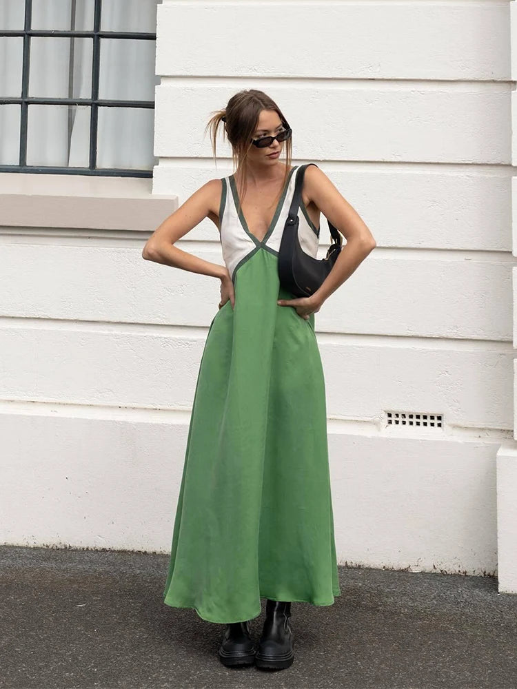 Vestido largo de retazos con cuello en V para mujer, vestido informal sin mangas holgado con tirantes, Vestidos largos de verano para mujer, bata de fiesta para vacaciones
