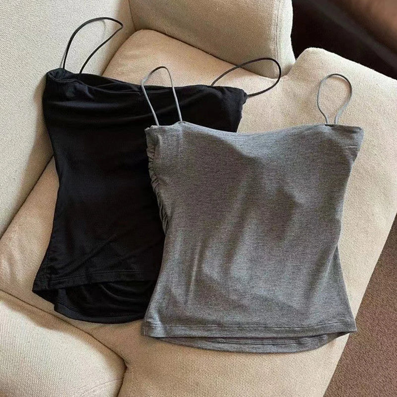 Camisolas de verano, camisetas sin mangas para mujer con sujetador incorporado, camisetas sin mangas con tirantes finos, Top corto, Top informal de Color sólido