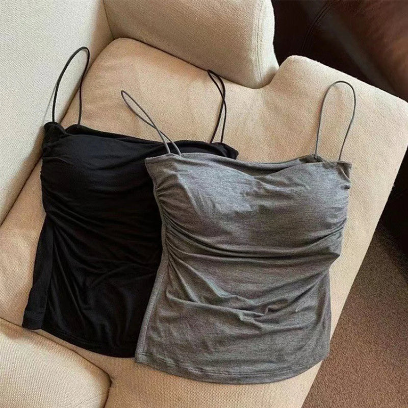 Camisolas de verano, camisetas sin mangas para mujer con sujetador incorporado, camisetas sin mangas con tirantes finos, Top corto, Top informal de Color sólido