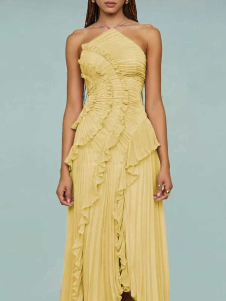 Vestido largo elegante con borde de loto, vestido ajustado con espalda descubierta y cordones, batas con cuello Halter, Vestidos de fiesta sin mangas, Vestidos de vacaciones para mujer 2025 Nw