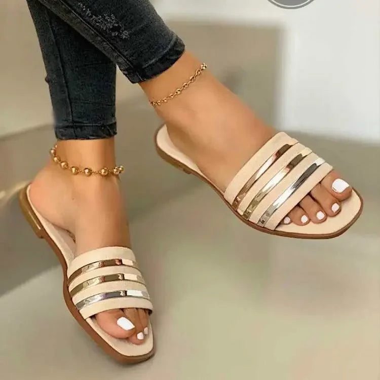 2023 nuevos zapatos para Mujer, Zapatillas básicas para Mujer, Zapatillas De verano para exteriores, Sandalias planas doradas ostentosas para Mujer, Zapatillas De Mujer
