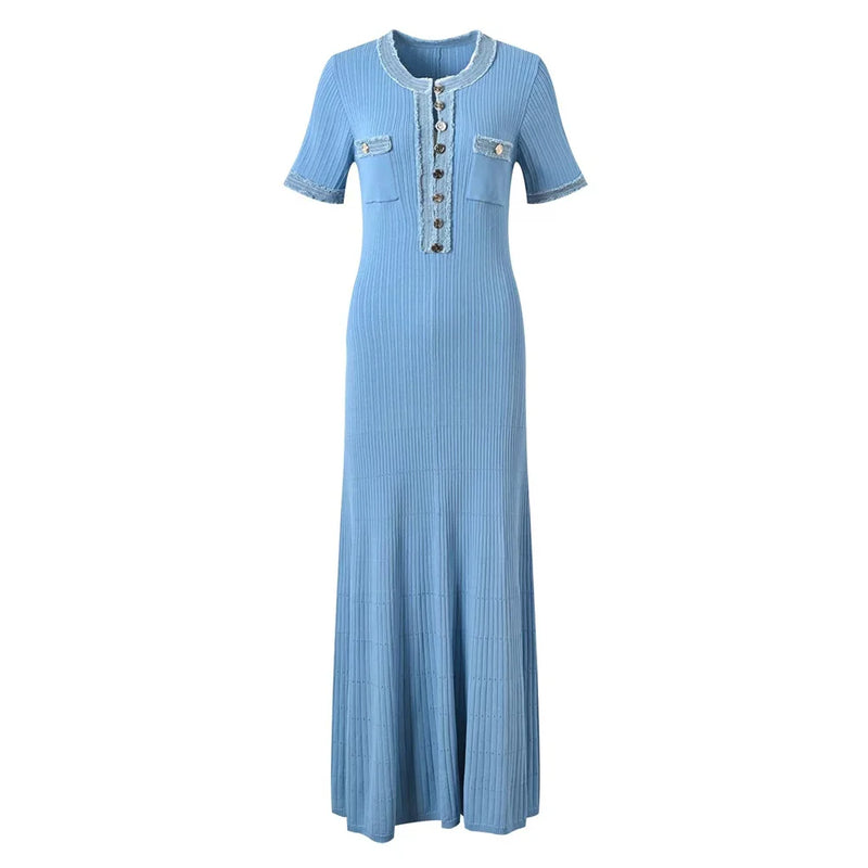 Vestido largo de punto elegante y contrastante para mujer, vestido elegante con cuello redondo y manga corta con botones de Metal, vestidos ajustados para oficina, bata para ir al trabajo