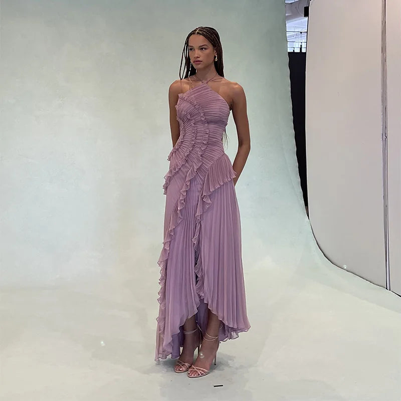Vestido largo elegante con borde de loto, vestido ajustado con espalda descubierta y cordones, batas con cuello Halter, Vestidos de fiesta sin mangas, Vestidos de vacaciones para mujer 2025 Nw